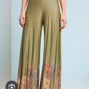 FARM Rio Olive Green Wide-Leg Palazzo Pants with Tropical Hem Print